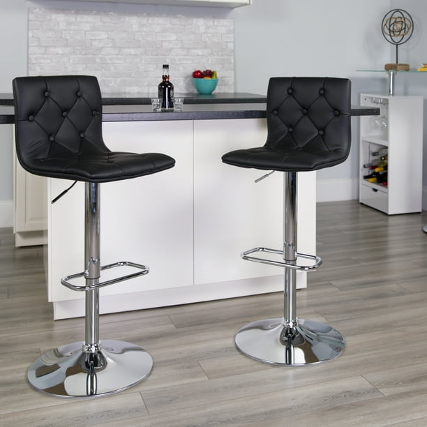 Contemporary Tufted Vinyl Adjustable Height Barstool with Chrome Base