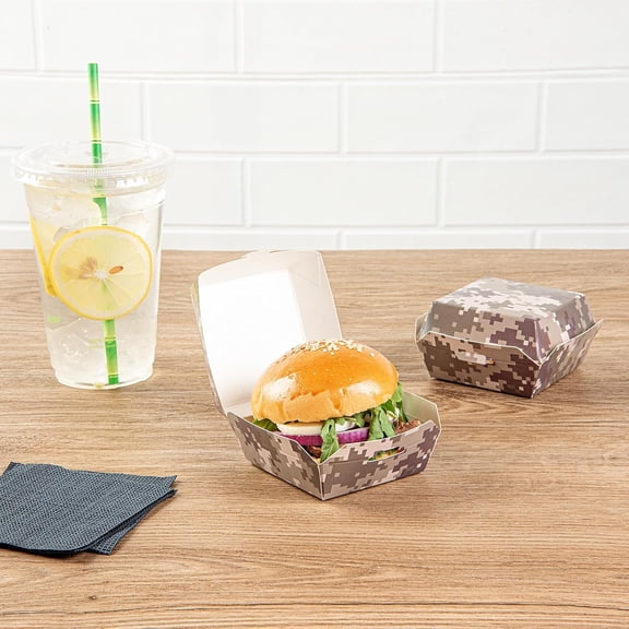 2.8 x 2.8 x 2 Inch Mini Burger Boxes 100 Clamshell Food Containers - Hinged Lid Disposable Camouflage Paper Take Out Boxes Serve Sliders Or Finger Foods