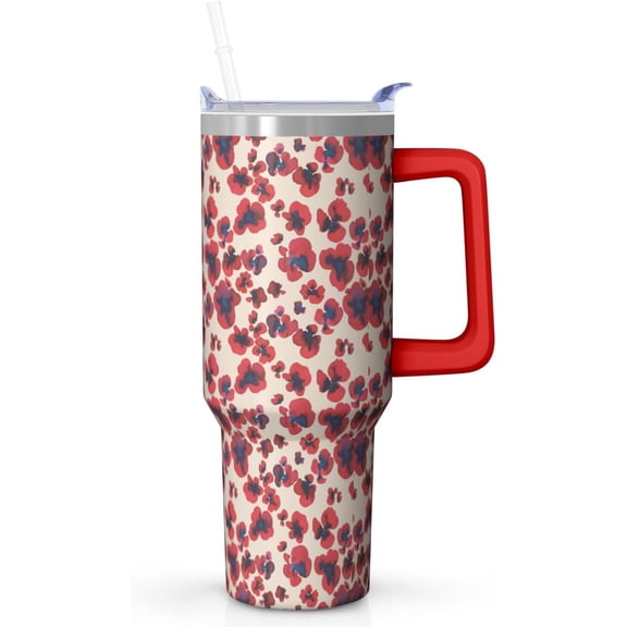 Artistic Floral Tumbler with Handle, 40oz Red & Blue Bloom Stainless Steel Cup, Watercolor Flower Insulated Travel Mug for Women