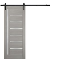 Sturdy Barn Door 30 x 96 inches Frosted Glass | Quadro 4088 Grey Ash | Top Mount 6.6FT Rail Hangers Heavy Hardware Set | Solid Panel Interior Doors