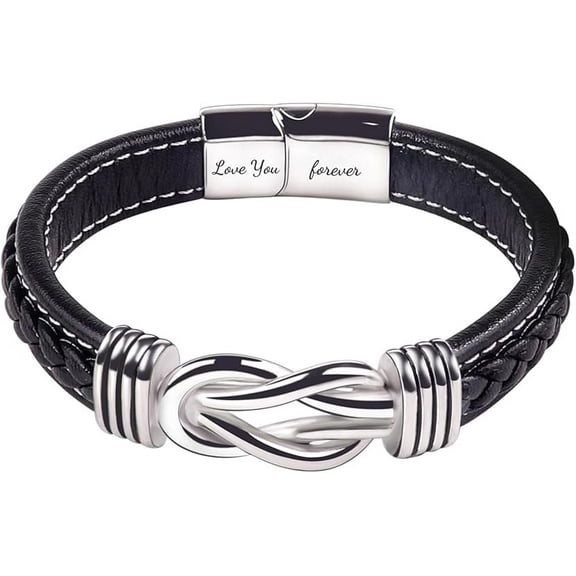 Men's Braided Leather Cord Bracelet Stainless Steel Eternity Bracelet Engraved with “Love You Forever” Jewelry Bracelet for Gift Giving