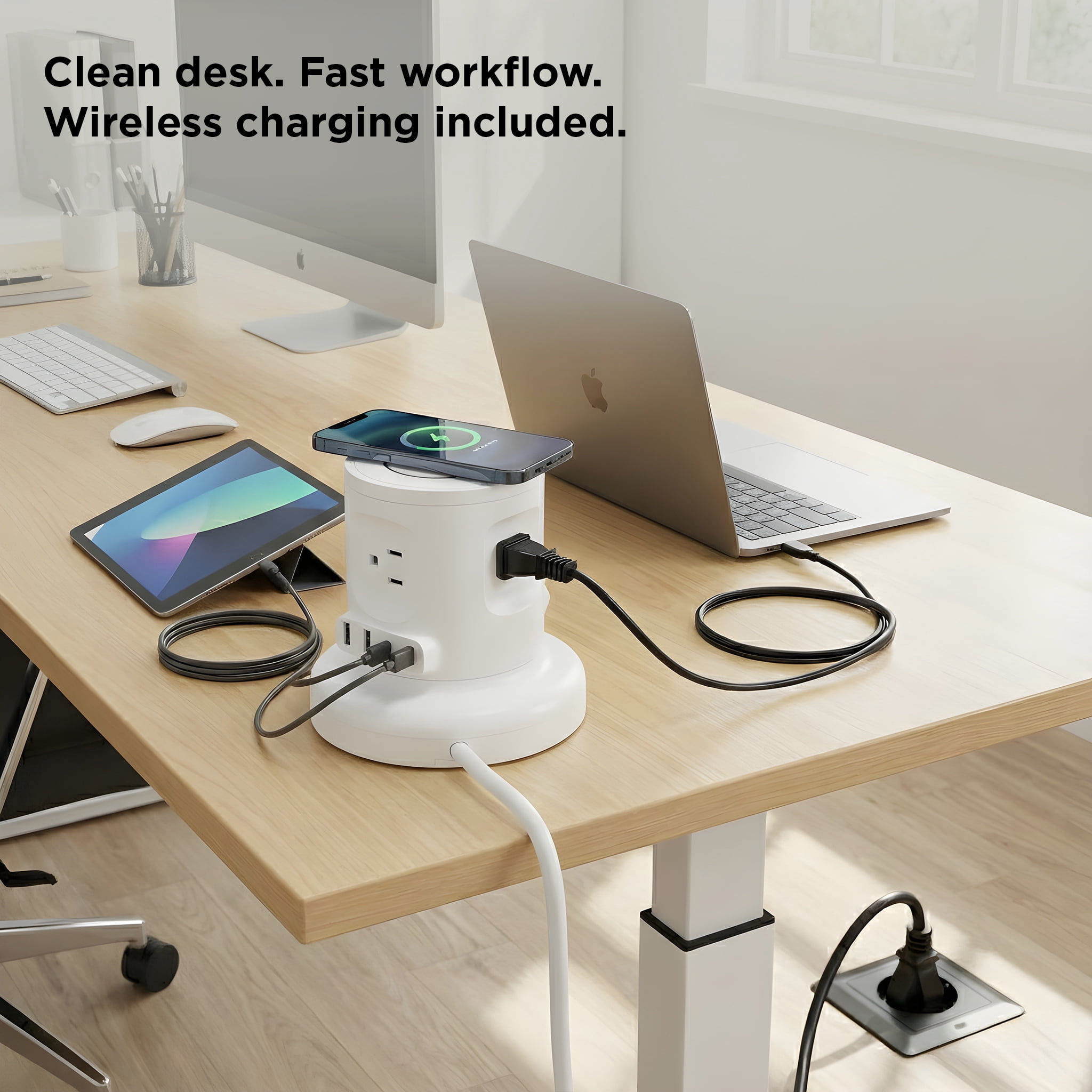 Wireless Retractable Power Strip Tower, 9-in-1 Surge Protector with 4 AC Outlets, 2 USB-C PD, 2 USB-A, 15W Wireless Charger, 6ft Auto-Retracting Cord, Fast Charging Station White