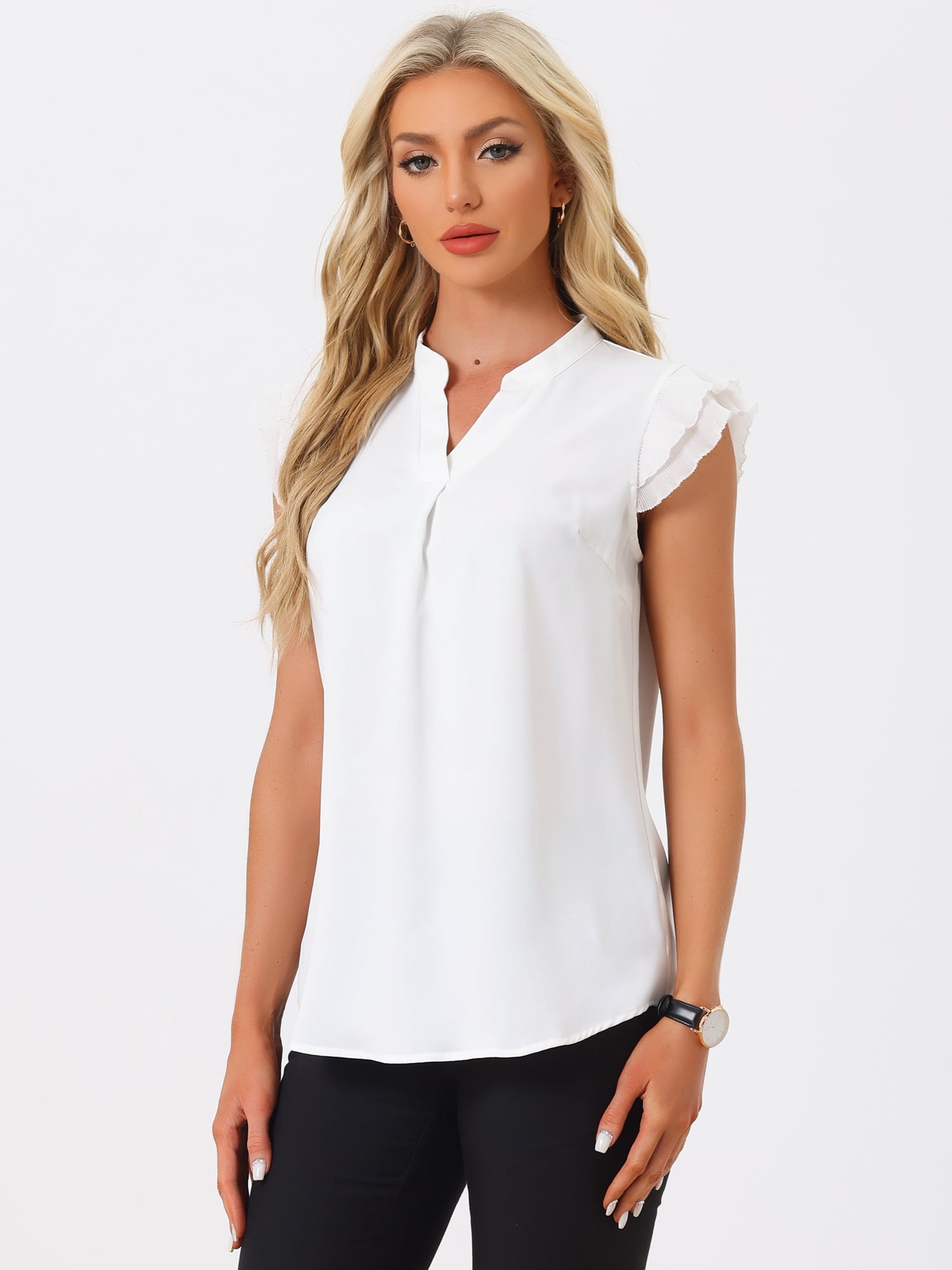 DARING DIVA Women's V Neck Ruffle Short Sleeve Top Blouse XL White