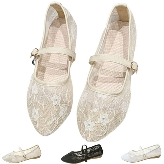 CHICVOMEY Lace Mesh Mary Jane Shoes for Women Casual & Work Walking Mary Jane Flats Ballet Flats with Buckle Fashion Ballet Flats for Women