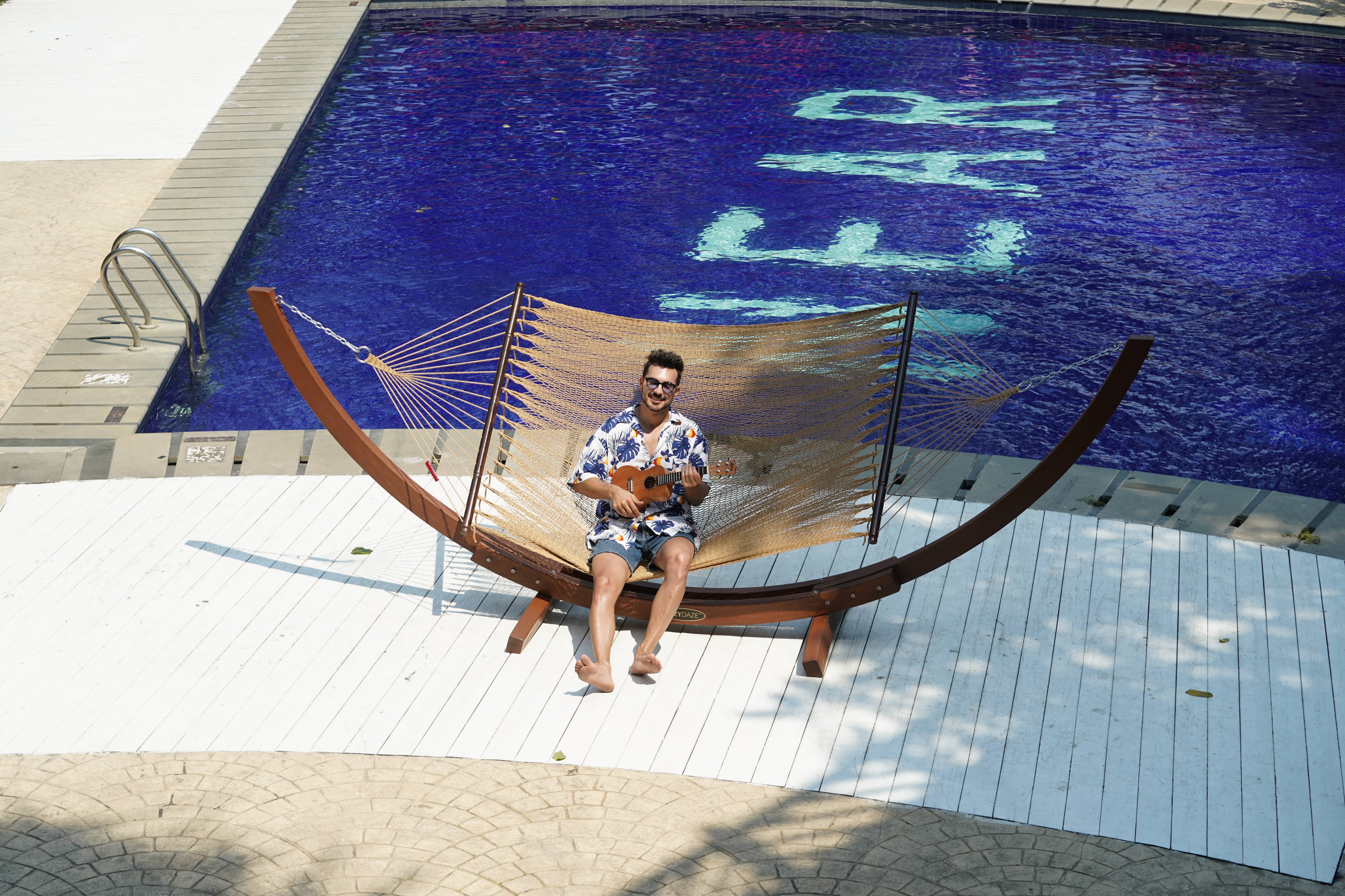 Lazy Daze 10 FT Double 2 Person Caribbean Rope Hammock, Hand Woven Polyester Hammock with Spreader Bars, 450 LBS Capacity, Tan