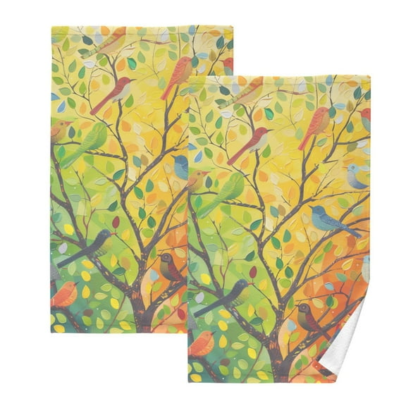 Birds on Branches with Colorful Leaves Hand Towel Set 2 Pcs Cotton Absorbent Soft Face Towels 400 GMS Bath Towels for Bathroom Kitchen Shower Hotel Decor 16"x28"