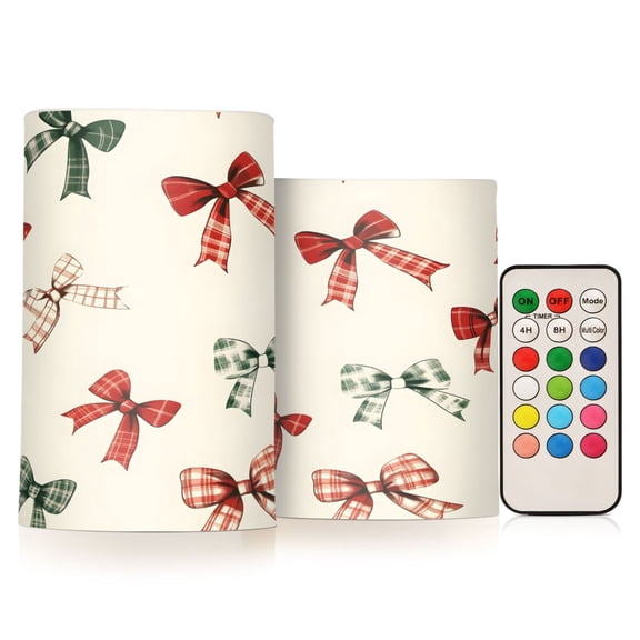 Red Green Bows Flameless Candles Flickering with Remote and Timer Battery Operated LED Pillar Candle Set of 2