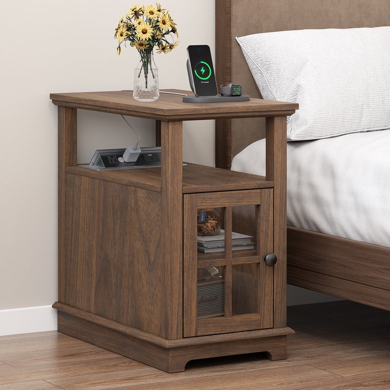 PLAMLE End Tables for Living Room with Storage Shelf,Narrow Sofa Side Table Slim Chair Side Table Adjustable Feet End table for Bedroom