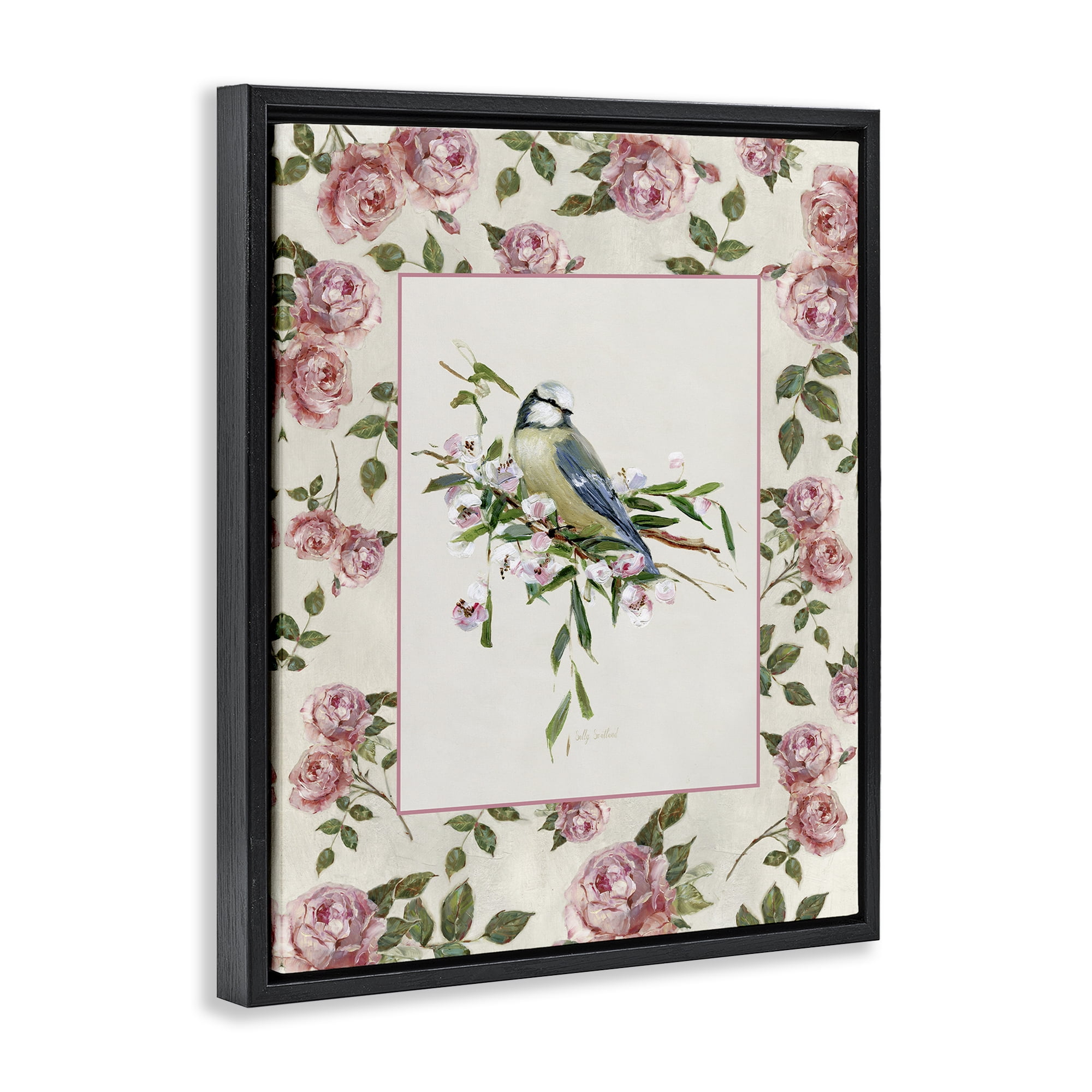 Stupell Industries Dainty Roses & Perched Bird Black Framed Floater Canvas Wall Art, design by Sally Swatland