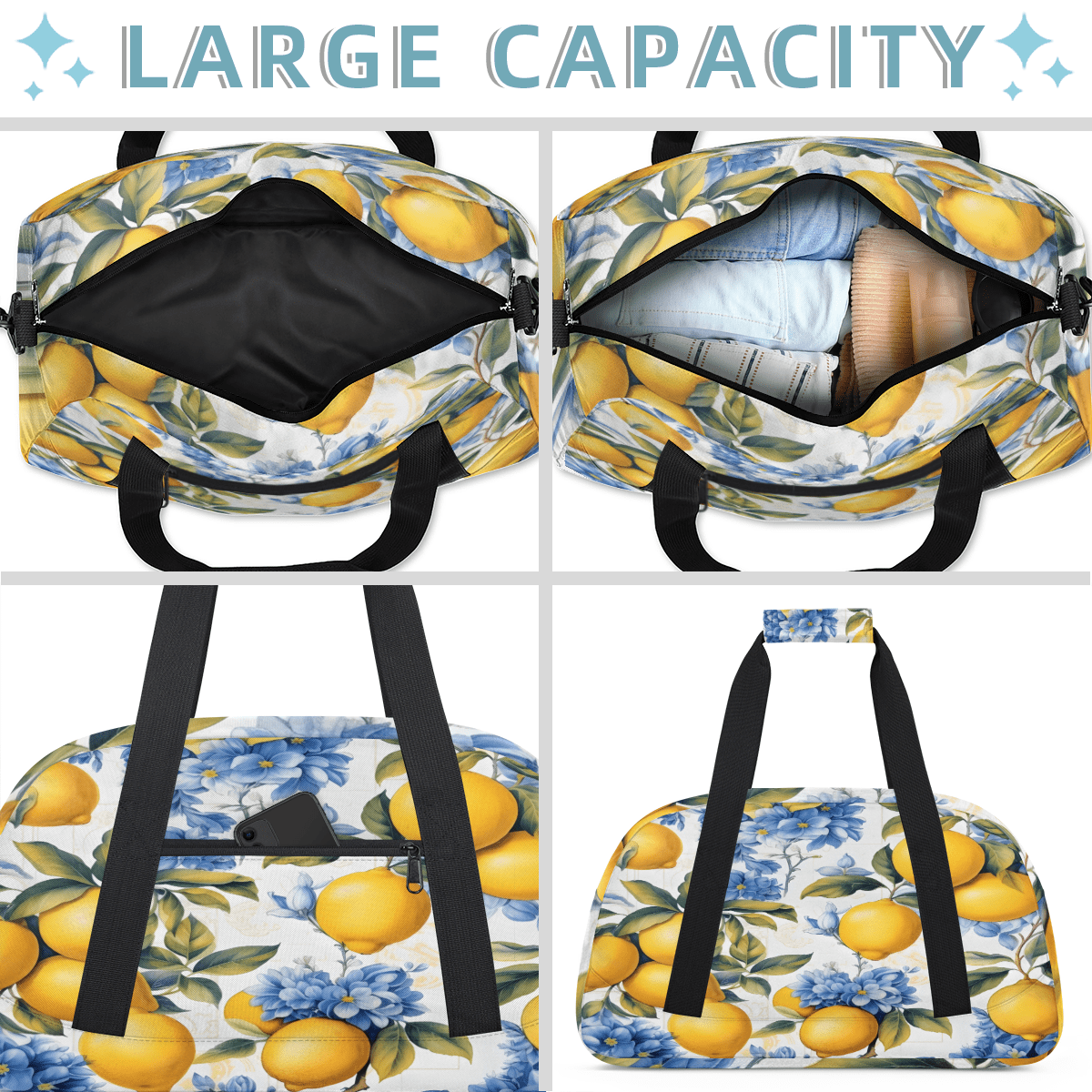Herdesigns Yellow Lemon Sports Duffle Bag for Women & Men, Modern Plant Leaves Gym Bag Dance Bag Overnight Bag Carry On Weekender Travel Bag