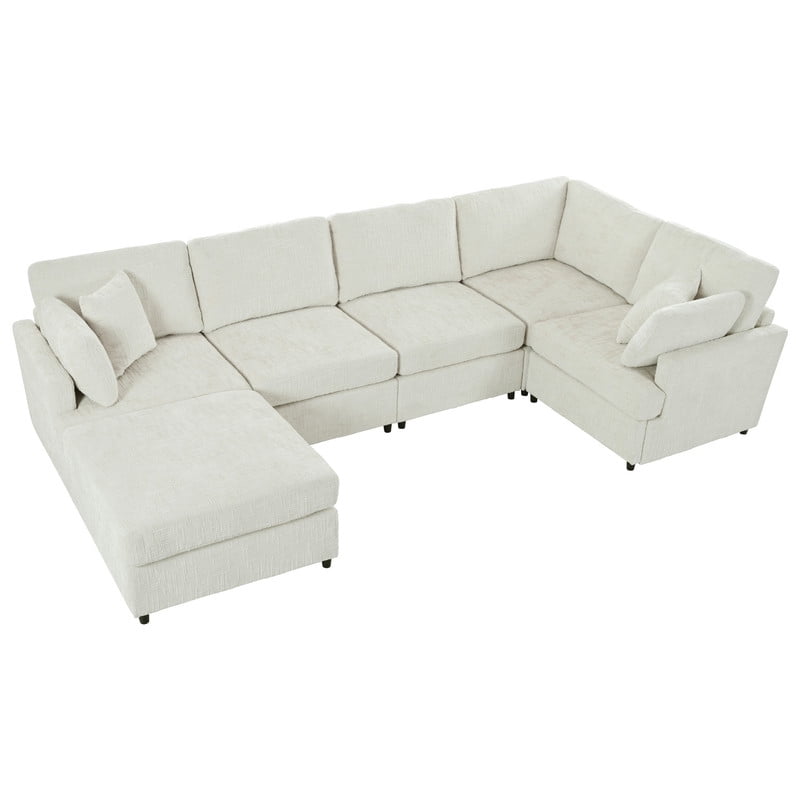 127" U-Shaped Modular Sectional Sofa with Movable Ottoman, 6-Piece Chenille Fabric Couch, Convertible Corner Sofa with Pine Wood Frame, Modern Deep Seat Sofa Set for Living Room & Apartment