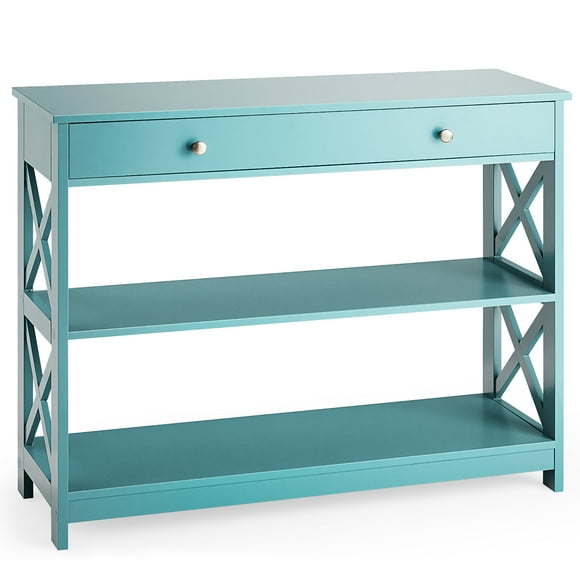 Costway 3-Tier Console Table X-Design Sofa Entryway Table with Drawer & Shelves Turquoise