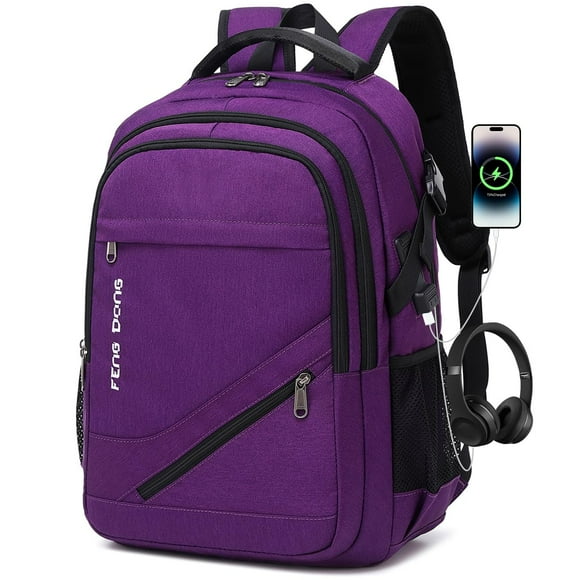 Mochila para portátil FENGDONG, duradera e impermeable, para viajes de 17.3 pulgadas, color morado