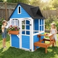 thumbnail image 7 of ANPOO Outdoor Wooden Kids Playhouse, Large Play House with Bench/Table/Kitchen/Flower Pot Holders/Toys, Outdoor Play Toy Gift for Ages 3+, 7 of 7