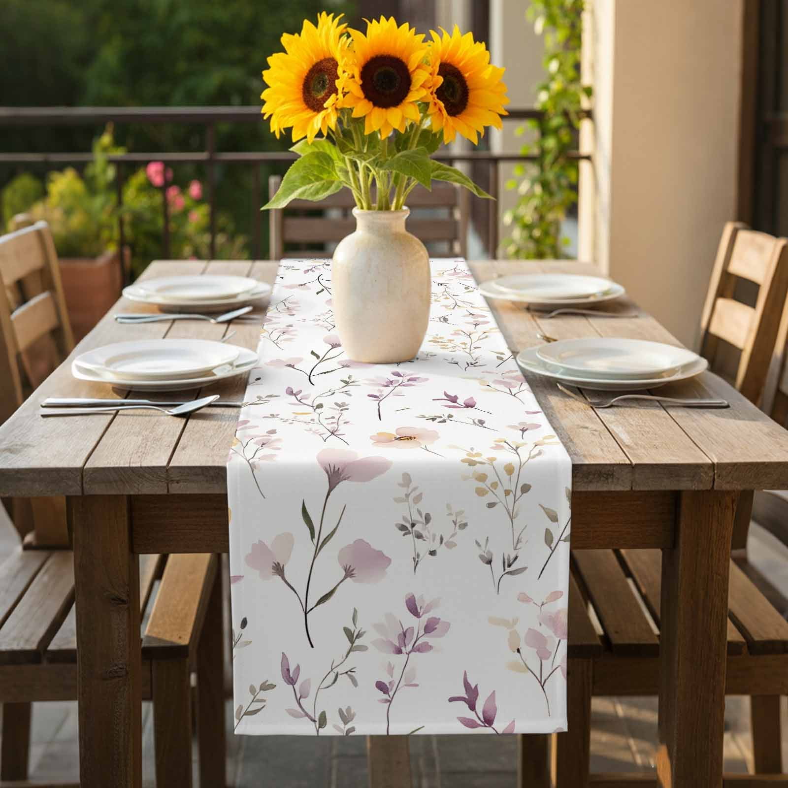 Watercolor Pink Table Runner 13x120 inch Flower Leaves Rustic Vintage Spring Plant Cotton Linen Dining Table Runner Ideal for Dresser Kitchen Coffee Tables - Machine Washable