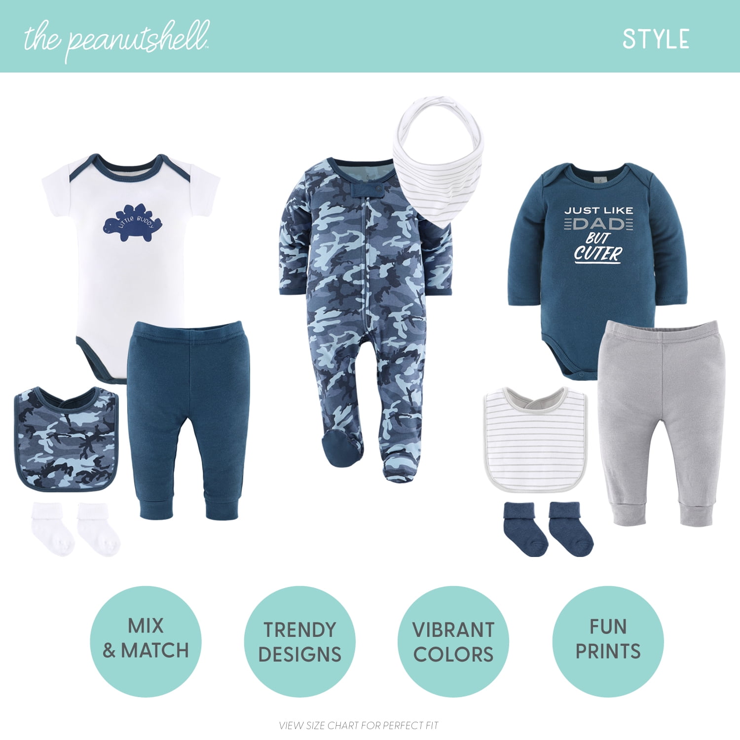 The Peanutshell Layette Gift Set for Baby Boys, Blue Camo, 23 Essential Pieces, 3-6 Months, Blue