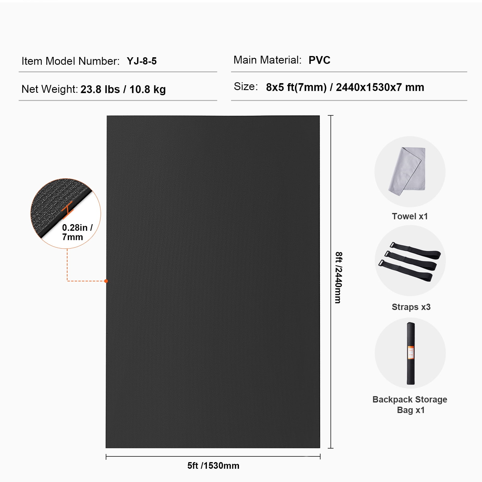 KFFKFF Large Fitness Mat, 8x5ft Durable Non-Slip Yoga Mat, Universal Exercise Mat for Both Genders, Includes Portable Bag & Strap, Ideal for Home Yoga, Pilates & Floor Exercises