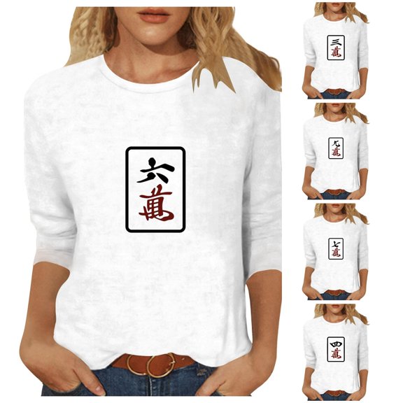 Trendfront Womens Mahjong Tile Graphic T Shirts Crewneck 3/4 Sleeve Novelty Print Casual Fall Tee Tops for Women