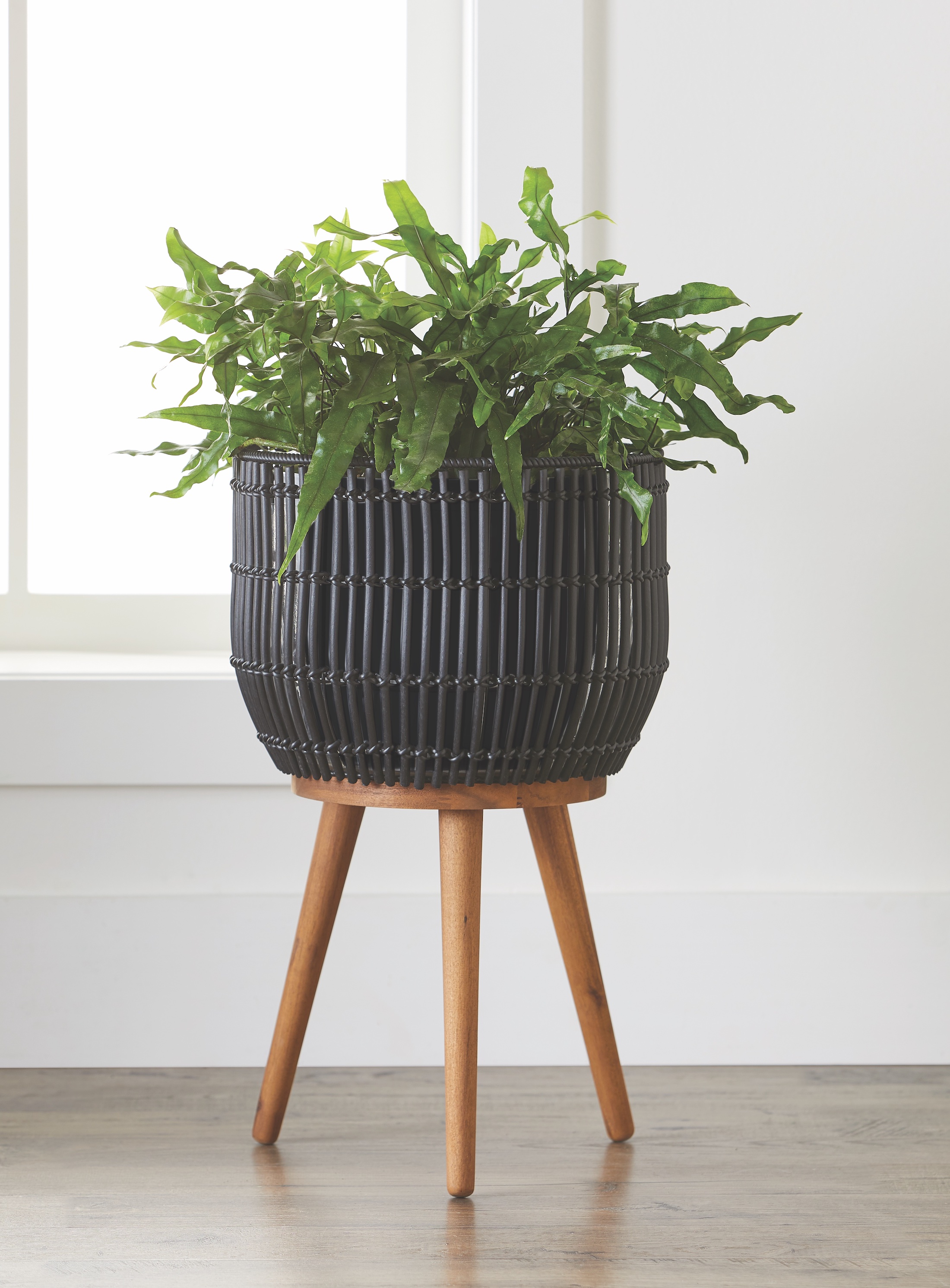 Better Homes & Gardens Black Round Resin Planter & Stand Set with Wood Legs