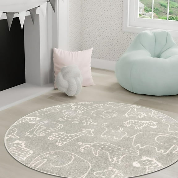 Unique Loom Whimsy Kids Collection Area Rug - Safari Animals (3' 3" Round Gray/Ivory) Perfect For Kids Bed Room/Nursery Room/Living Room/Class Room/Play Room