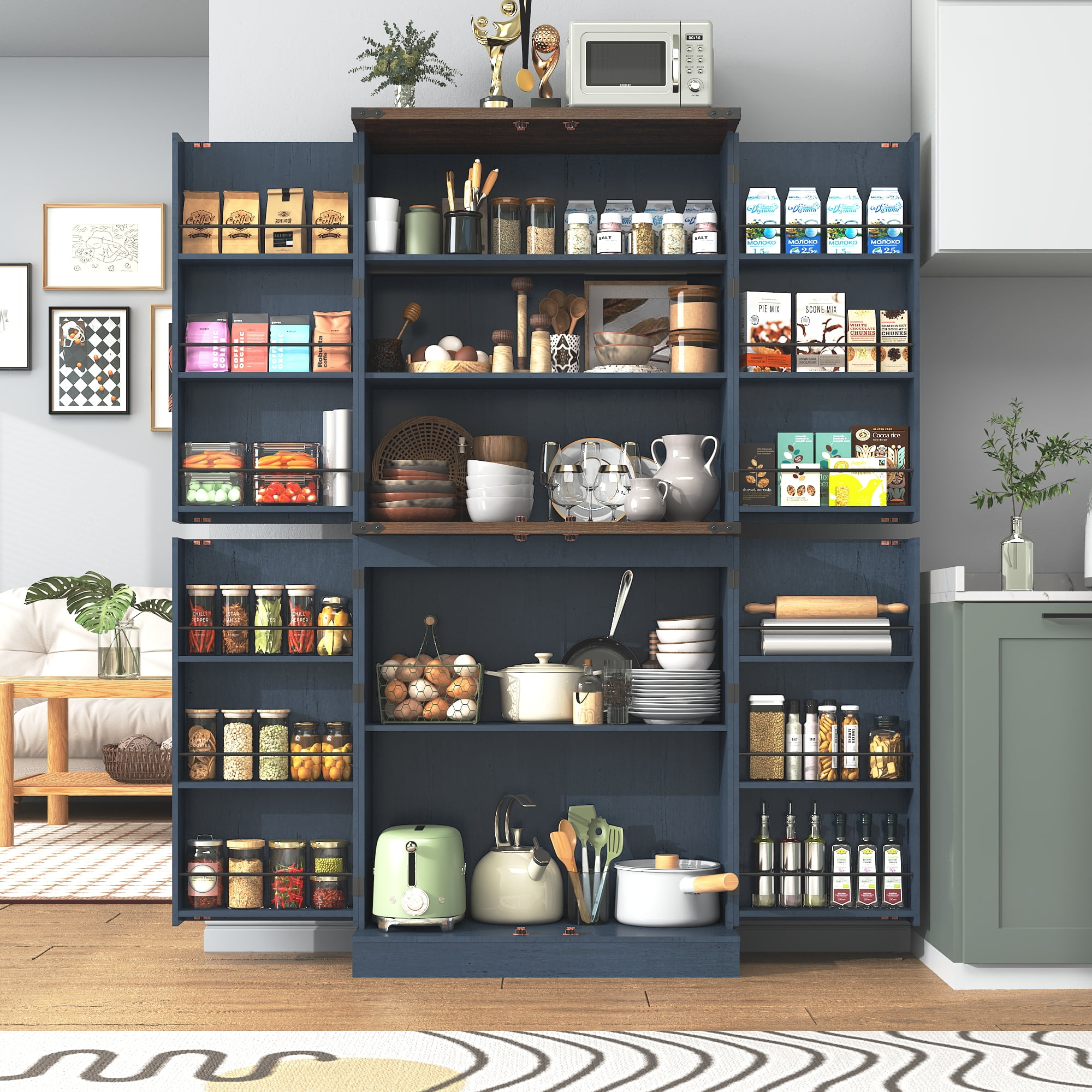 71" Tall Farmhouse Kitchen Pantry with 12 Side Shelves & Adjustable Shelves, 5 Layers Pantry Storage Cabinet w/Load-Bearing Steel Pipe & 4 Barn Doors for Kitchen, Dining Room, Living Room, Blue
