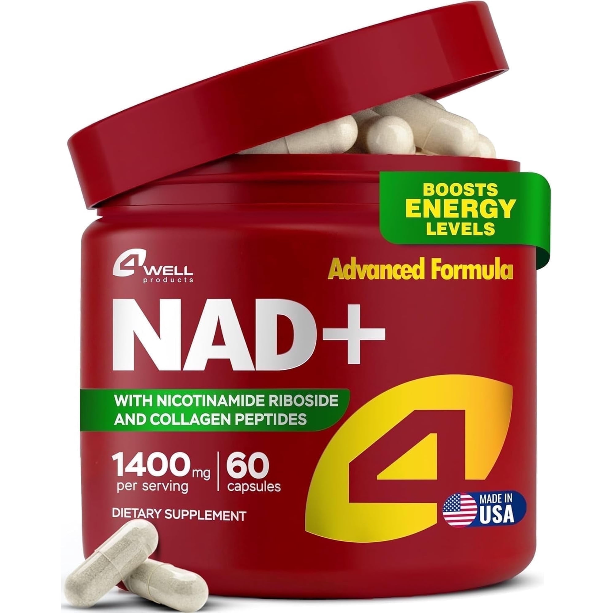 4Well 𝗡𝗔𝗗 𝗦𝘂𝗽𝗽𝗹𝗲𝗺𝗲𝗻𝘁 1400mg Supports Healthy Aging Complex - NAD Supplements With Collagen Peptides, NAD+ Plus Formula for Cellular Energy & Skin Health - Made in USA 60 Capsules