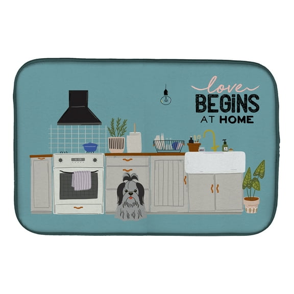 Black Silver Shih Tzu Kitchen Scene Dish Drying Mat