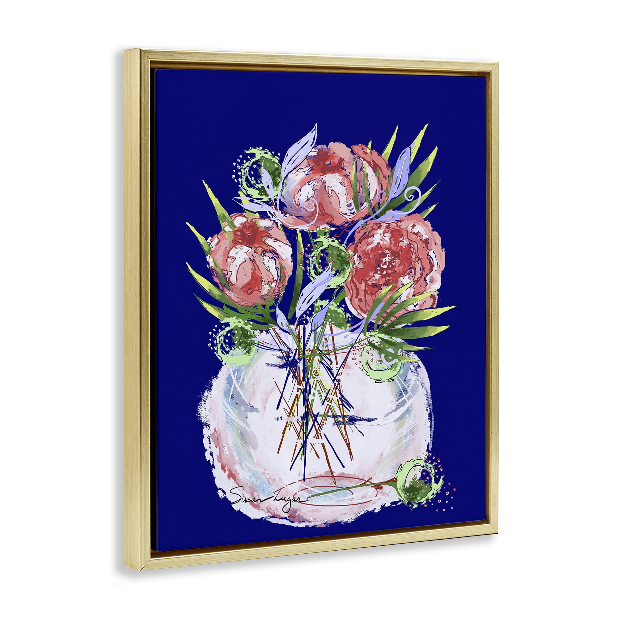 Stupell Industries Florals In Milk Glass Gold Framed Floater Canvas Wall Art, design by Susan Lugar