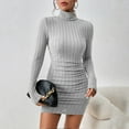 thumbnail image 6 of Women's Turtleneck Ribbed Knit Sweater Bodycon Dress Casual Solid Long Sleeve Dresses Simple Slim Fit Short Dress, 6 of 7