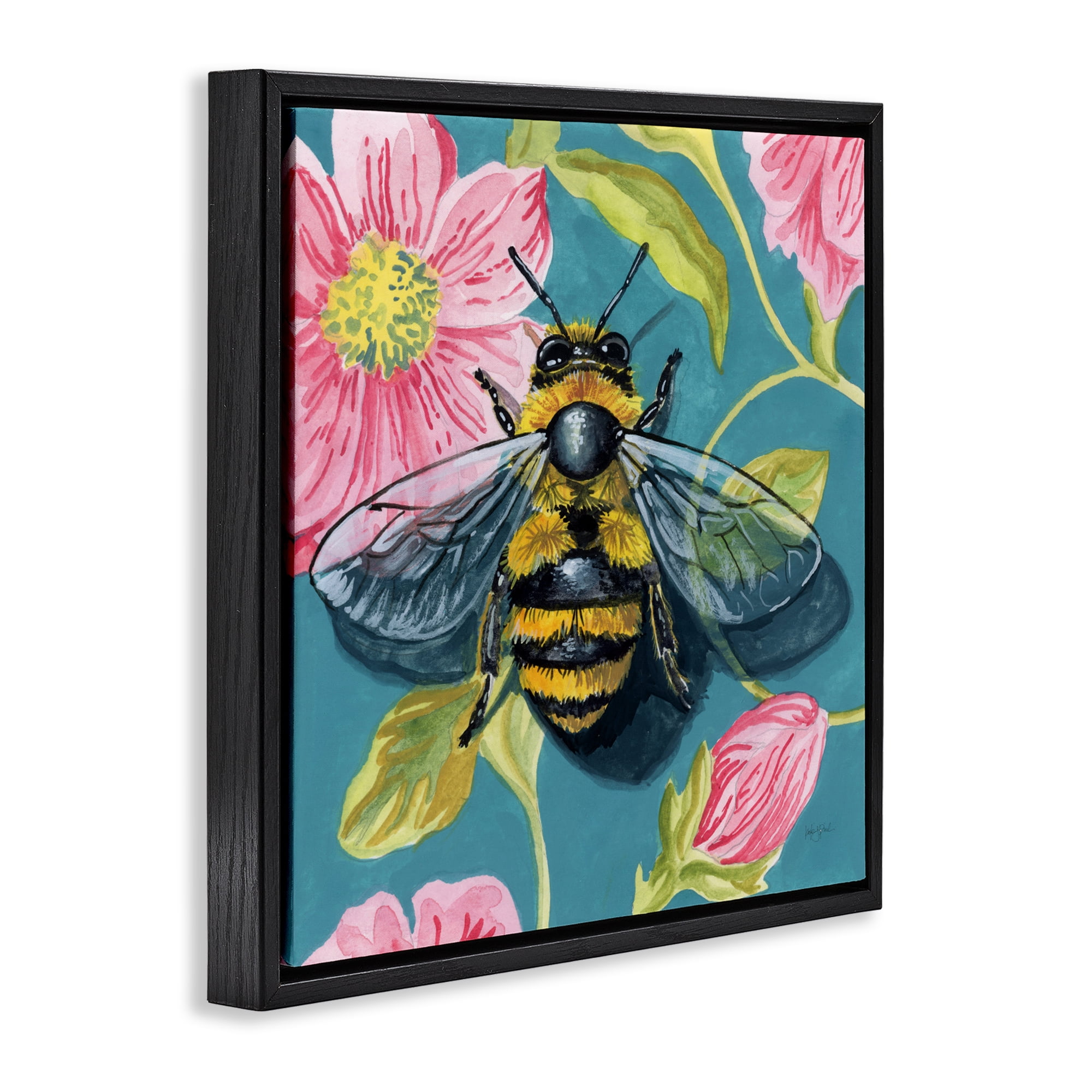 Stupell Industries Fuzzy Bee On Floral Pattern Black Framed Floater Canvas Wall Art, design by Kate Jarvik Birch