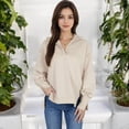 thumbnail image 2 of Women's Long Sleeve Pullover Hoodie with Button Neck and Raw Hem Detail - X Large, Beige, 2 of 7
