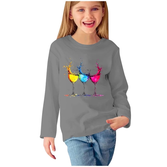Huvoen Filles Coton Manches Longues Col Ras du Cou Chandail à Enfiler Manches Longues Blouses et Chemises à Col Rond Filles Chemises à Manches Longues à Imprimés Jolis Chandails Ras du Cou Hauts Blouses Habillées Décontractées Vêtements Gris 9 Ans