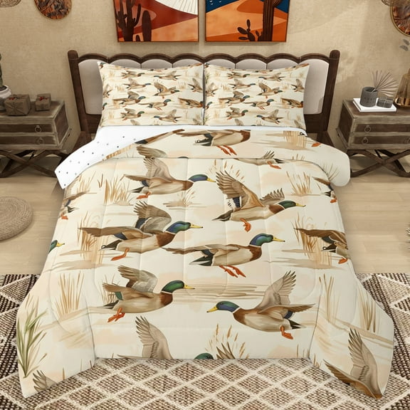 Homewish Brown Mallard Duck Bedding Comforter Set,Country Farmhouse Lodge Twin Comforter Sets,Rustic Flying Animal Bedding Set For Boyskids,Luxury Bedroom Decor Reversible,2pcs