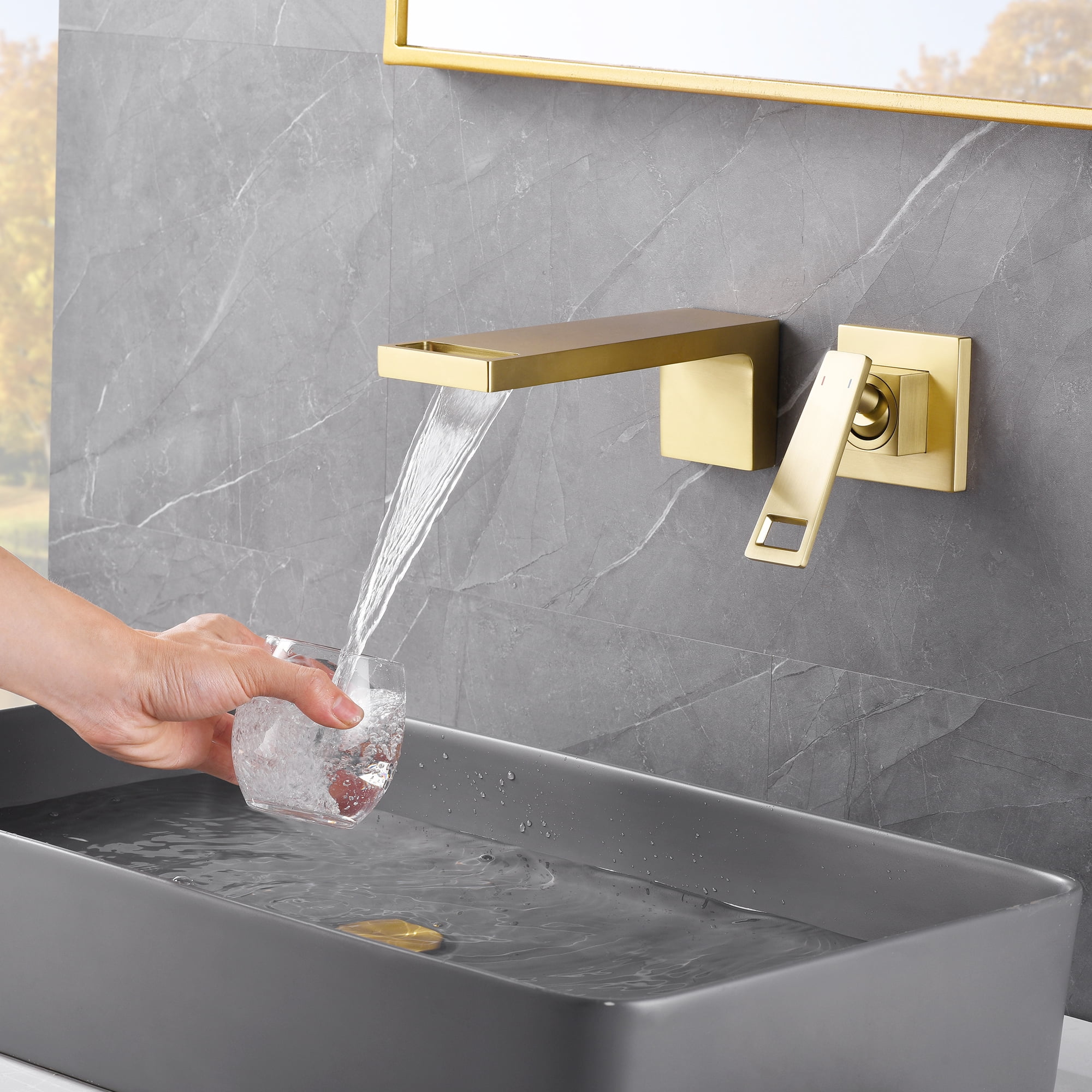 SUMERAIN Wall Mounted Bathroom Waterfall Faucet Wall Mount Sink Faucet Single Handle Vanity Faucet with Rough in Valve, Brushed Gold