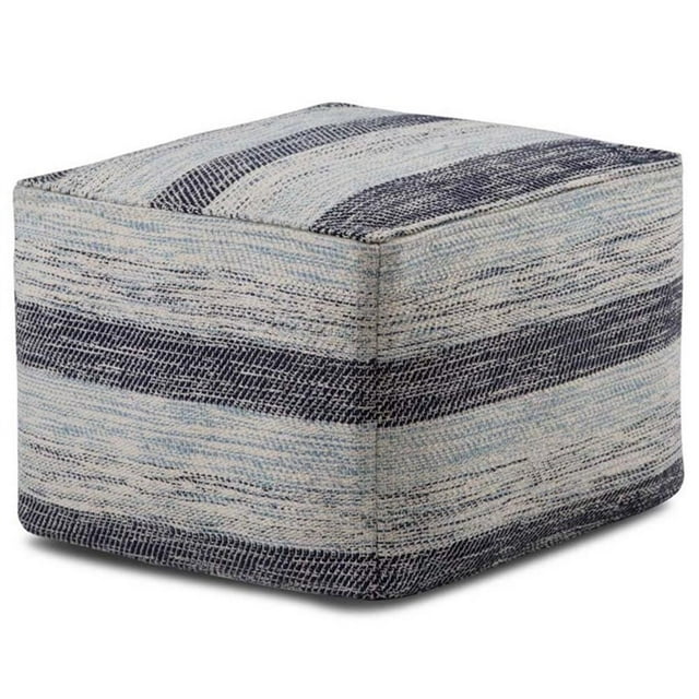 Simpli Home Clay Boho Square Pouf in Patterned Blue Melange Cotton