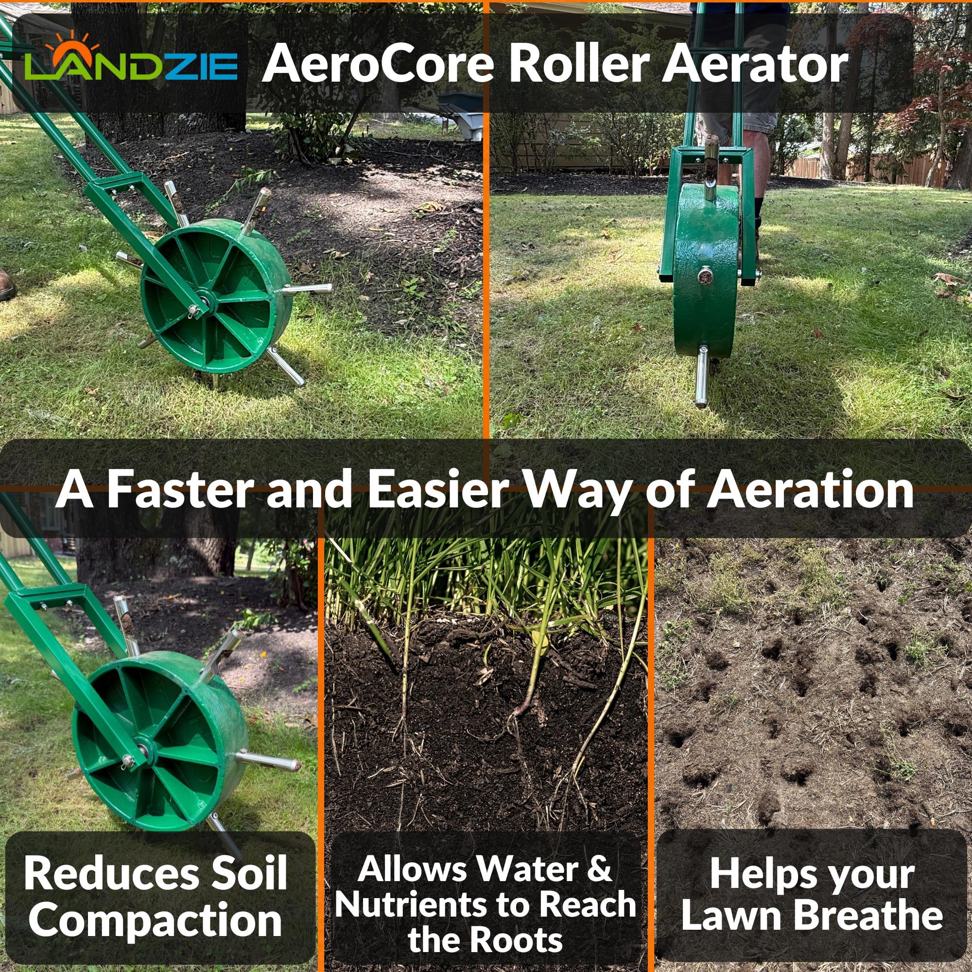 Landzie AeroCore Rolling Lawn Aerator – Manual Core Plug Aerator with Chamfered Hollow Tines – Heavy-Duty Aerator Lawn Tool for Grass and Soil – Push Yard Aerator Aeration Tool for Lawn Plugs