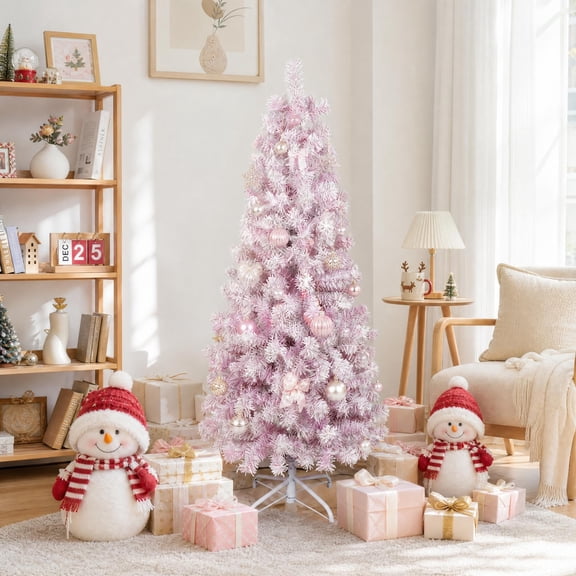 4FT Pink Flocked Pencil Christmas Tree,Pre-Lit with 120 Warm White LED Lights,286 Tips,PVC and Iron Pipe,Slim Artificial Holiday Tree for Bedroom Living Room
