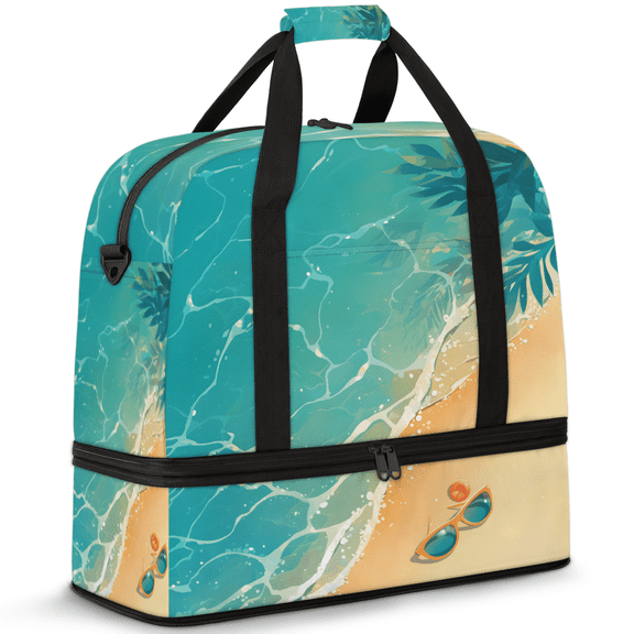 Herdesigns Ocean Foldable Travel Duffel Bag for Women Men, Tropical Island Coastal Weekend Overnight Carry On Bags with Shoe Compartment