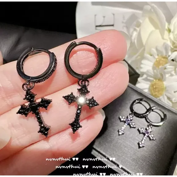 Iced Out Black Rhodium Plated Cross Drop Dangle Cubic Zirconia Men Women Earring