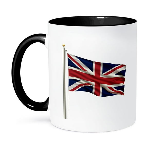 3dRose, Flag of the United Kingdom on a flag pole over white Uk Great Britain British, 11oz Two-Tone Black Mug