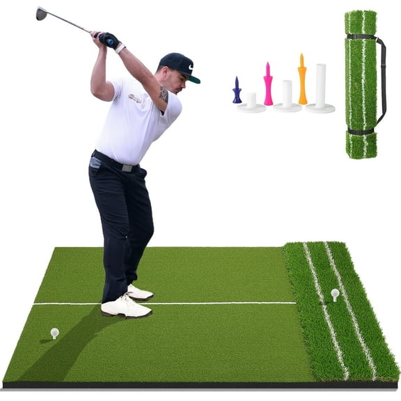 DCQ Real Feel 5x4ft  Golf Hitting Mat, Large Golf Mat, Dual Turf, Fairway & Rough Artificial Grass, Golf Practice Mat Indoor & Outdoor, Driving & Chipping Pad with Cushion, Golf Simulator Mat