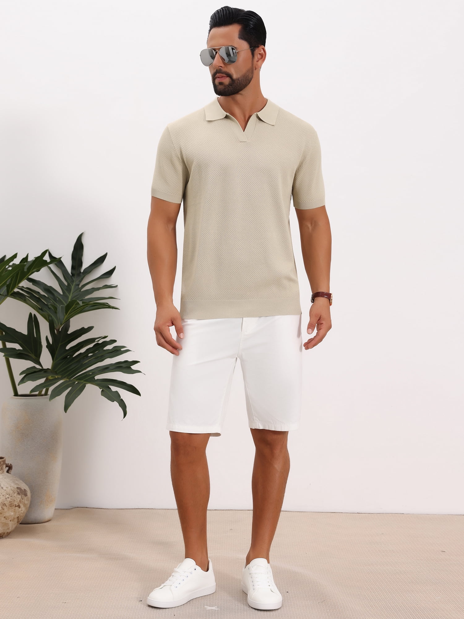 DARING DIVA Men's Textured Knit V Neck Short Sleeve Casual Golf Polo Shirt 2XL Beige