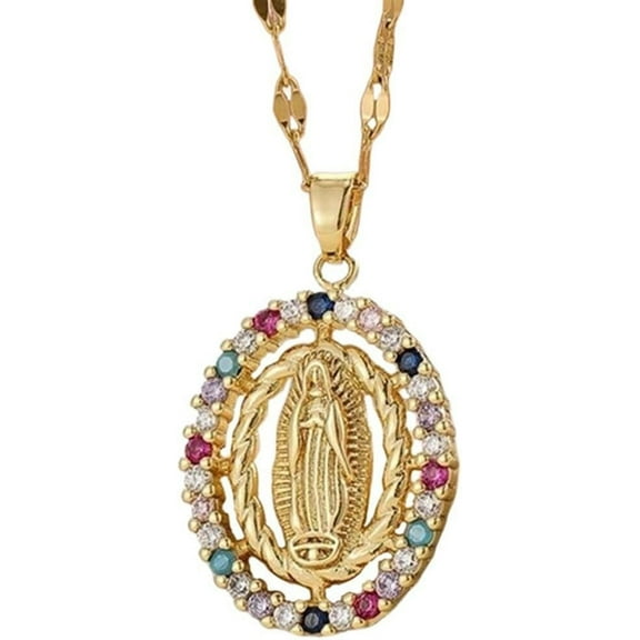 Virgin Mary Gold Plated Miraculous Medal Cubic Zirconia Necklaces Necklace