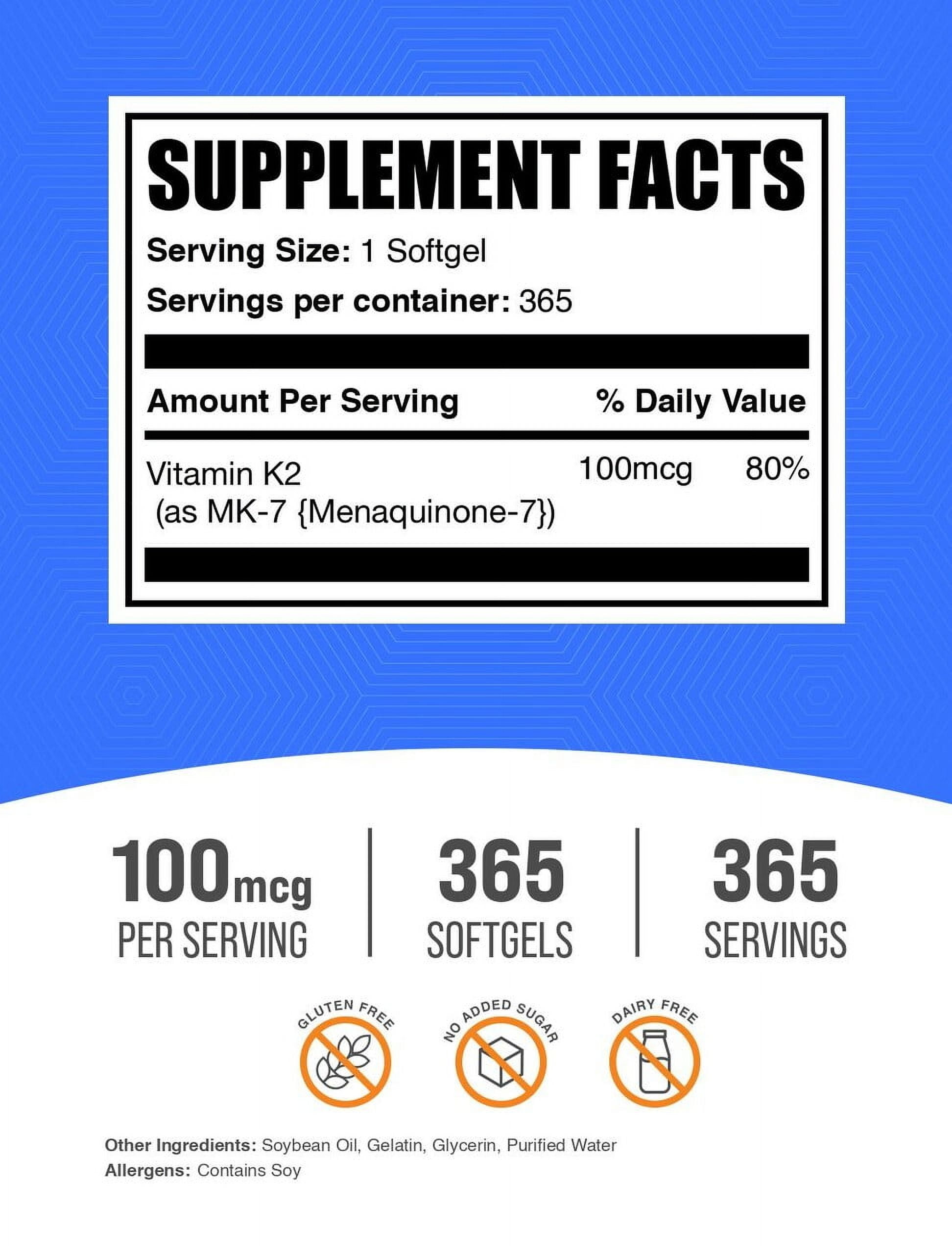 BulkSupplements Vitamin K2 MK7 Softgels - Menaquinone-7, Vitamin K Supplement, 1 Softgel per Serving (100mcg), 365 Count