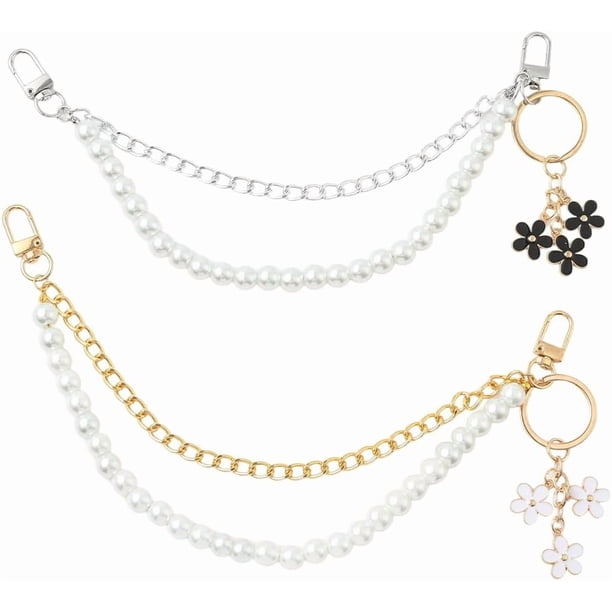 Juego de 2 extensores de cadena para bolso de mano con perlas de plástico doradas y plateadas, con asa corta, de repuesto, para llavero con flores