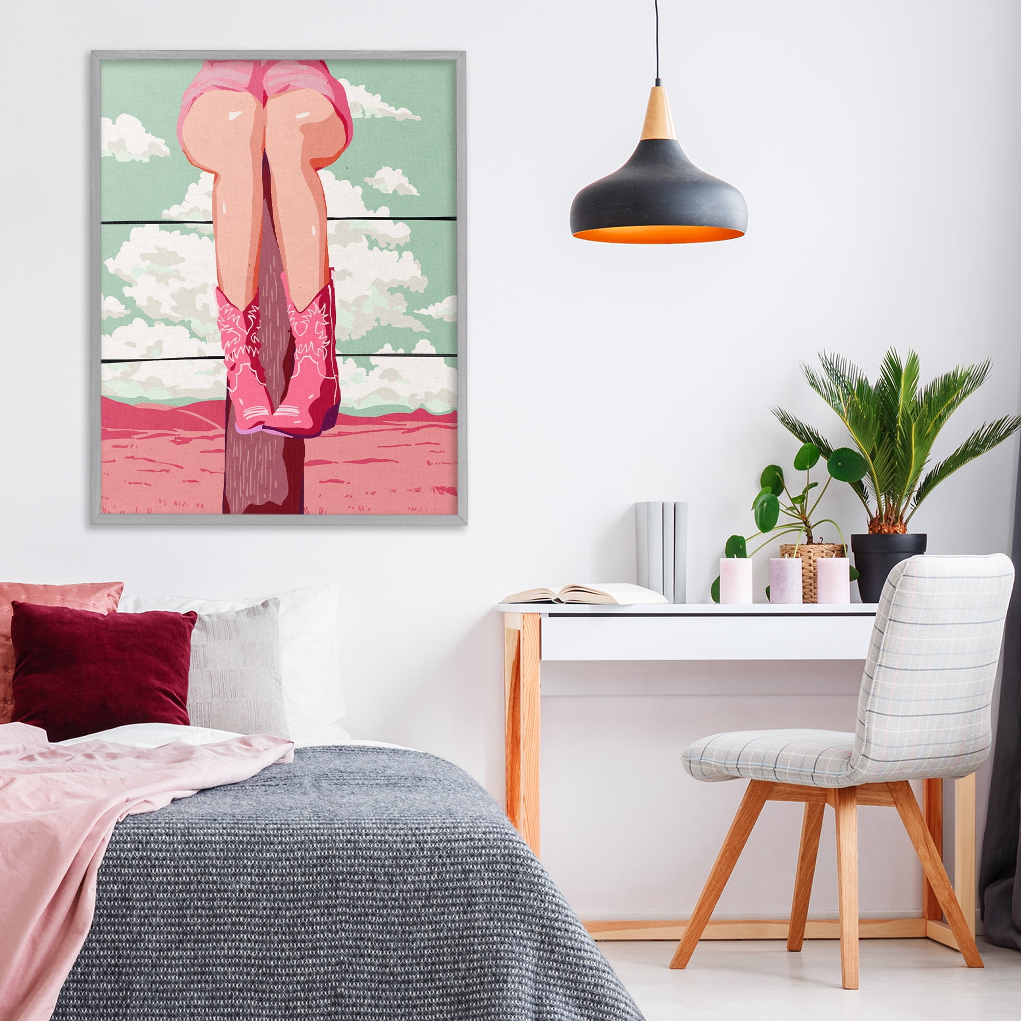 Stupell Industries Cowgirl on Fence Post Gray Framed Giclee Art, design by Ziwei Li