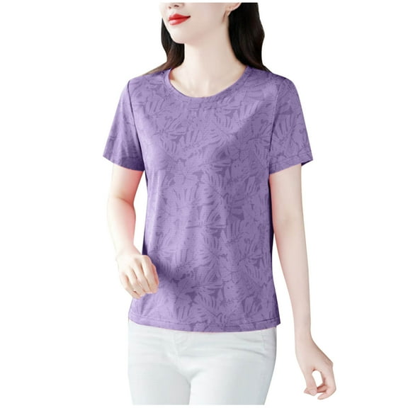 Workout Shirts Women Quick Dry Activewear Fashion Leaves Patterned Moisture Wicking Short Sleeve Athletic Tees (XL, Purple)