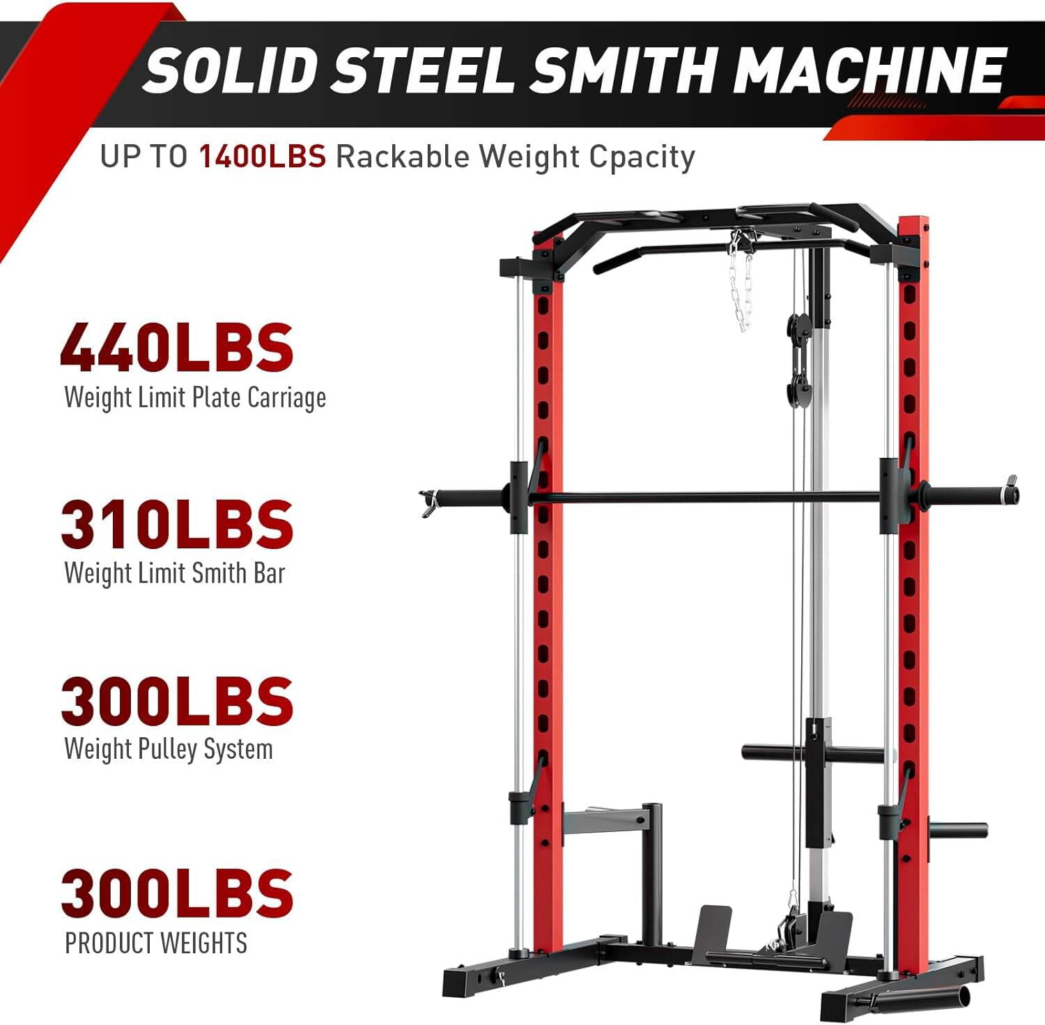VIBESPARK Smith Machine Squat Rack, All-in-One Power Rack Cage with LAT-Pull Down System & Cable Machine, Power Cage with Barbell Bar, Weight Storage and More Attachment for Home Gym Workout