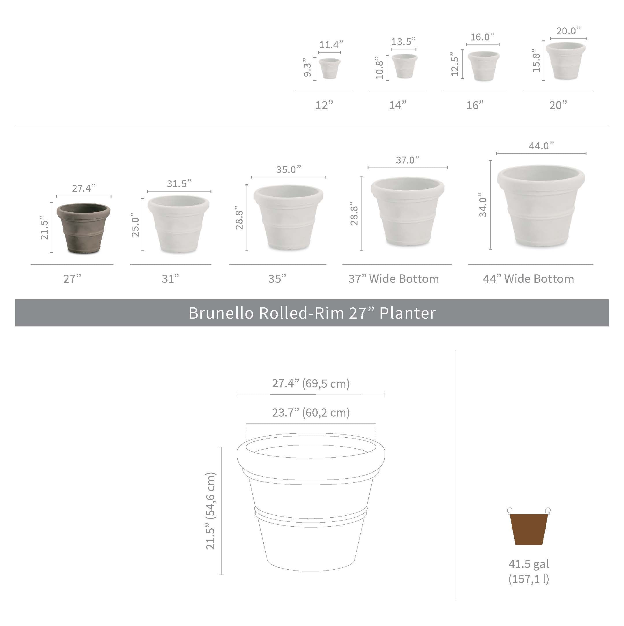 Crescent Garden Brunello - Classic Rolled Rim Planter, Weather-safe Plastic Pot, Parchment 27'' Planter