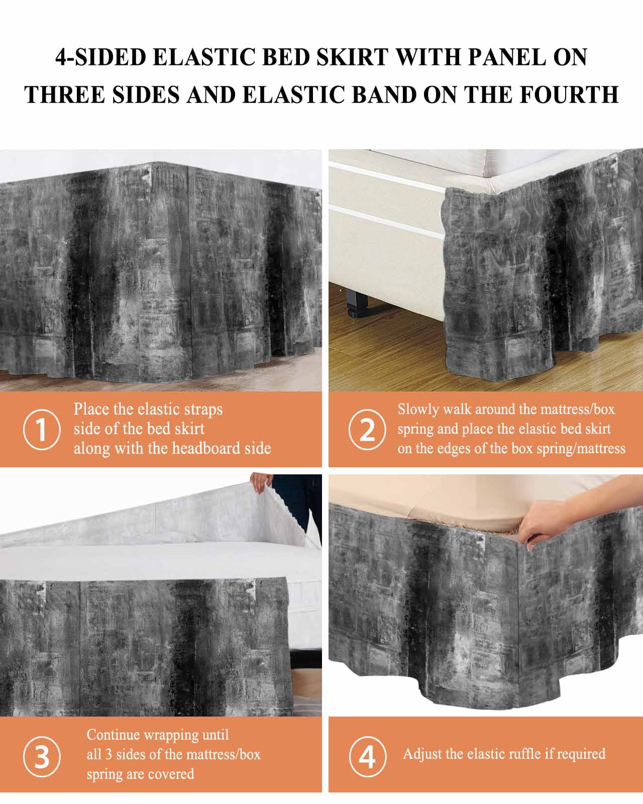 Gray Wrap Around Bed Skirts for King Bed 18" Drop,Bed Skirt with Adjustable Elastic Belt Dust Ruffle Bed Valance for Bedroom Hotel Retro Oil Painting Modern Abstract Art Aesthetics Bed Frame Cover